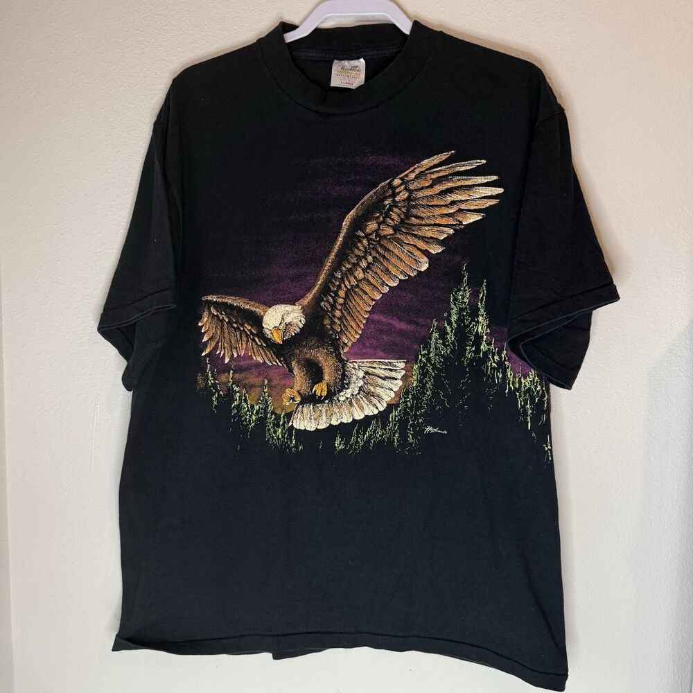 Rare Vintage 90s Hazelwood Eagle Mens XL Black Shirt Short Sleeve Single Stitch - Picture 2 of 9